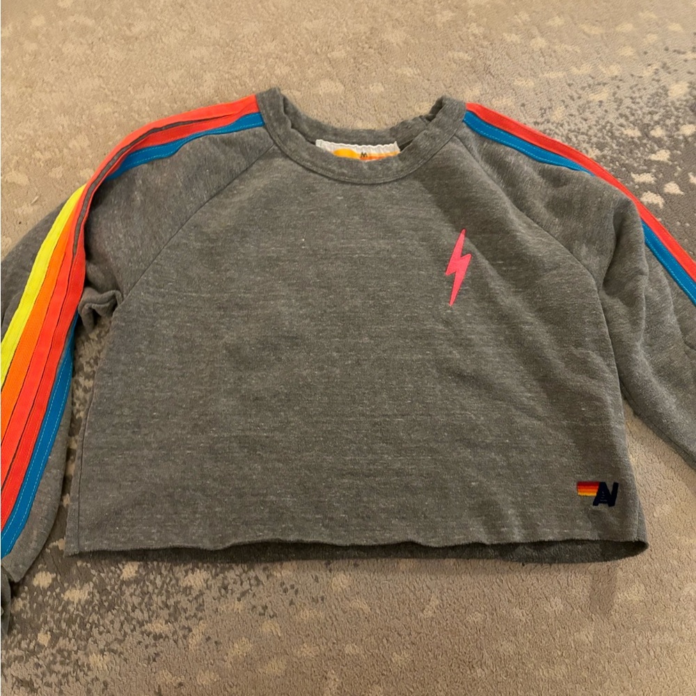 Aviator Nation Gray Cropped Sweatshirt with Rainbow Sleeve Stripes